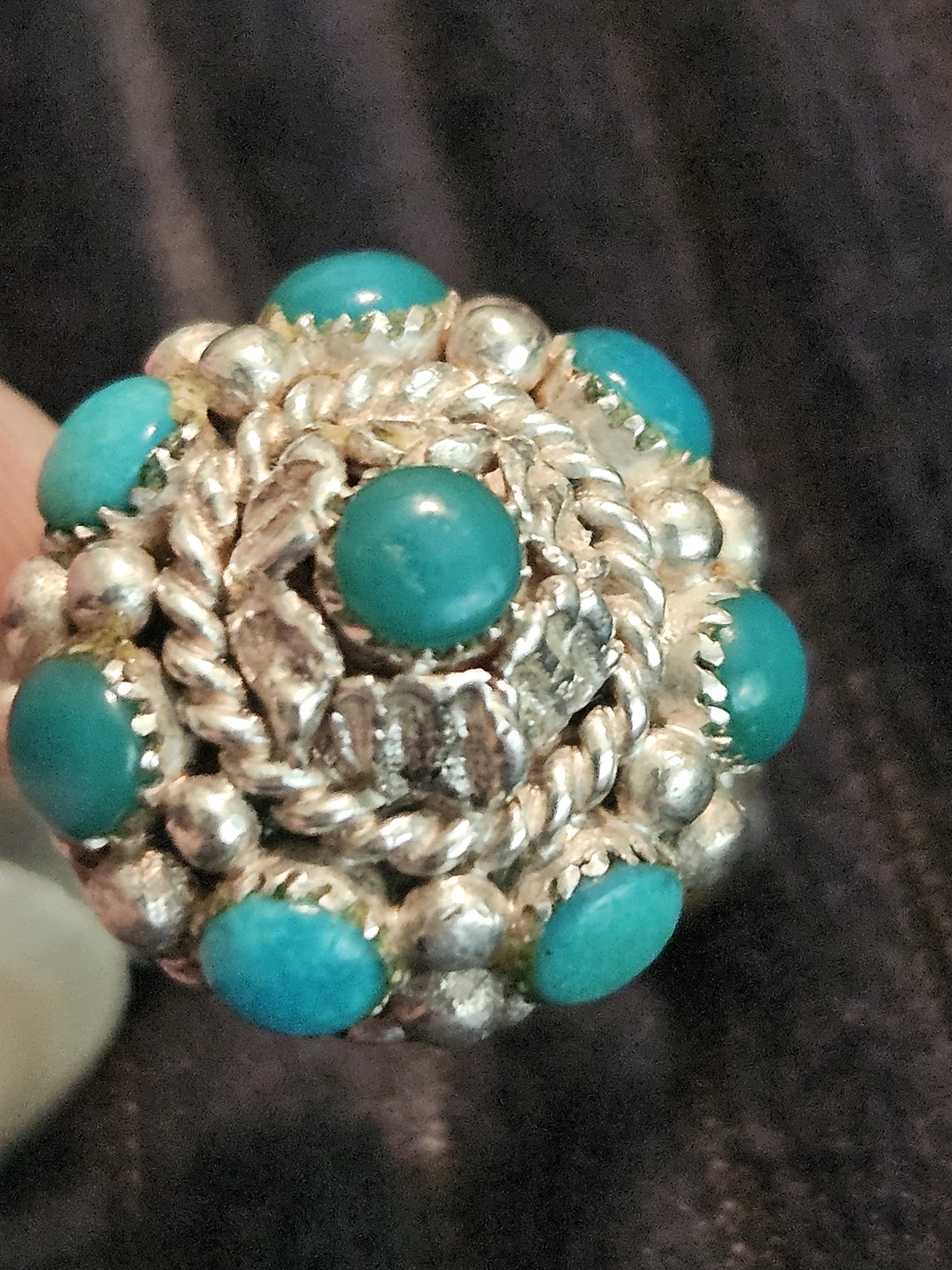 Vintage Zuni D.W. Turquoise Domed Cluster Ring Size 7 – Attributed to Darlene We